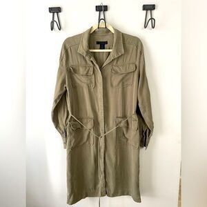 Maison Cinqcent, women's small, olive khaki shirt dress tie waist pockets mini